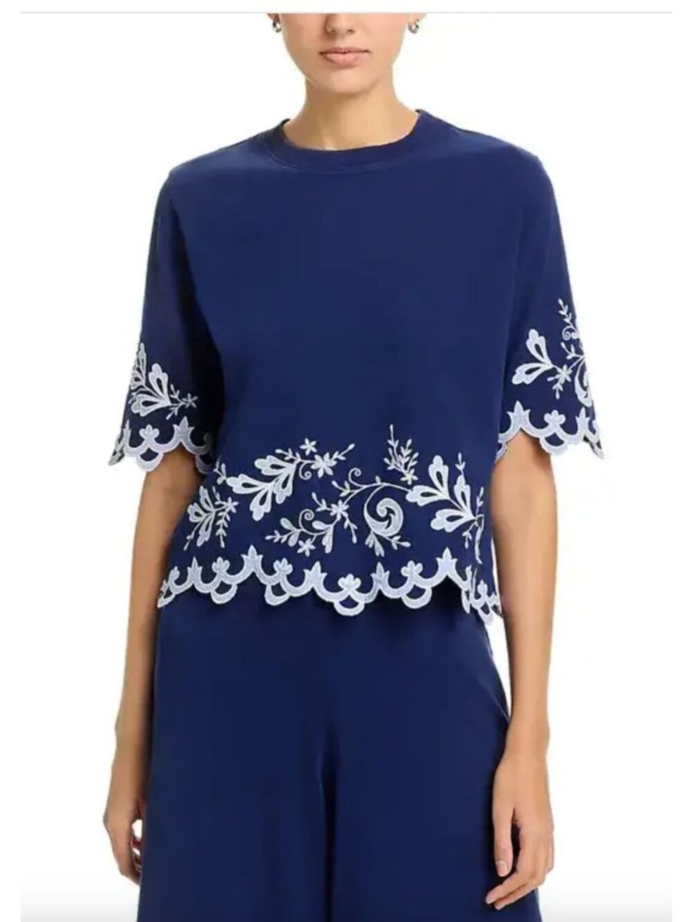 NWT Johnny Was Embroidered Elbow Sleeve Top Navy Blue White Size Large